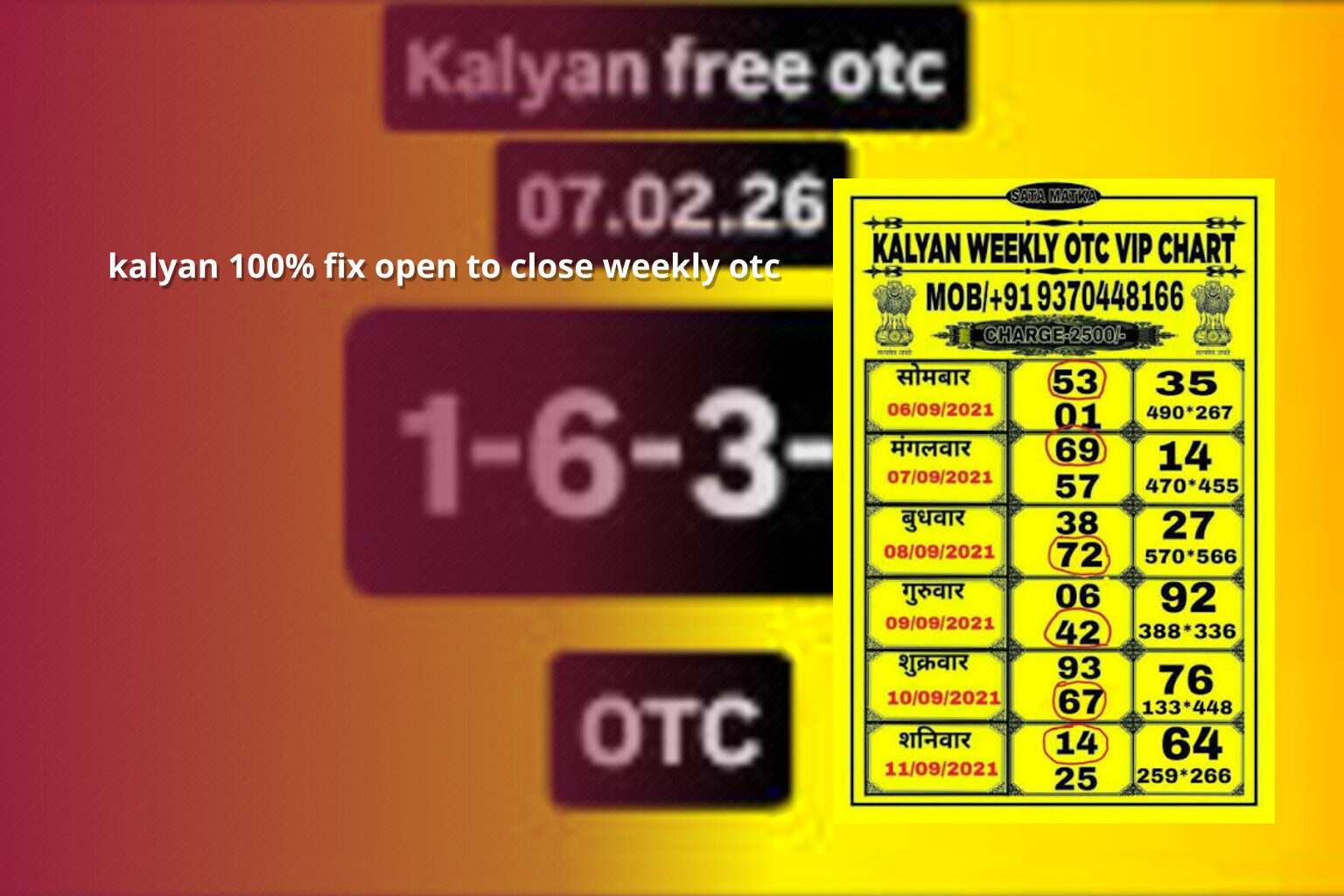 kalyan 100% fix open to close weekly otc - matka_satta